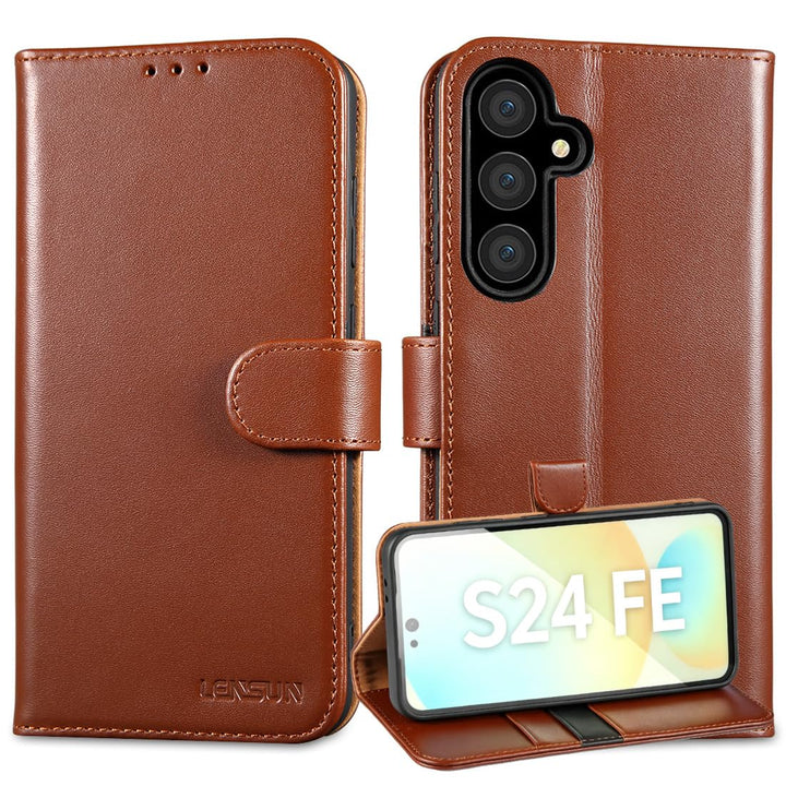 LENSUN Handyhülle für Samsung Galaxy S24 FE Echtleder, Hülle [Echtes Leder][Wallet Funktion][Kartenf