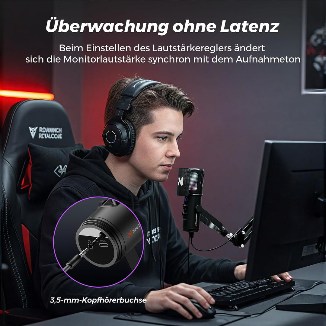 NearStream Gaming Mikrofon für PC, USB Mikrofon mit Rauschunterdrückung/RGB Licht/Stummschaltung/Ver