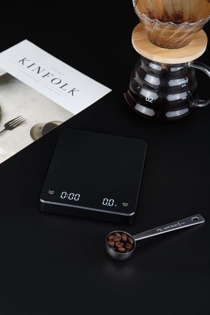 INF Wiederaufladbare Kaffeewaage mit Timer 3 kg / 0,1 g, Hohe Präzision, Tara- und Timerfunktion, Me