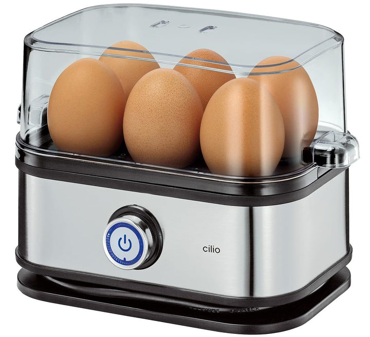 Cilio Eierkocher 6 Eier CLASSIC, Edelstahl, 13x22x14 cm, mit Messbecher und Eierpicker, Kontrollleuc