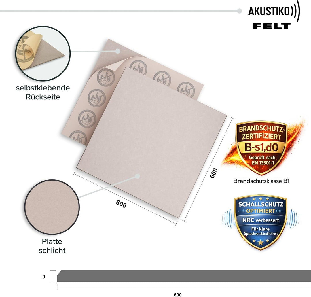 AKUSTIKO Akustikpaneele Selbstklebend 60x60cm - 8 Stück Taupe Akustik Wandpaneele Brandschutzklasse