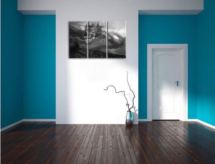 Pixxprint Drache kämpft gegen Krieger als Leinwandbild/Grösse: 3 Teilig (120x80 cm) cm/Wandbild/Kuns