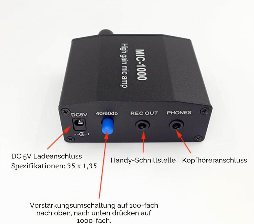 Mikrofonverstärker, Mikrofon-Audioverstärker mit Hoher Verstärkung, 1000-fache Verstärkung, Zubehörs