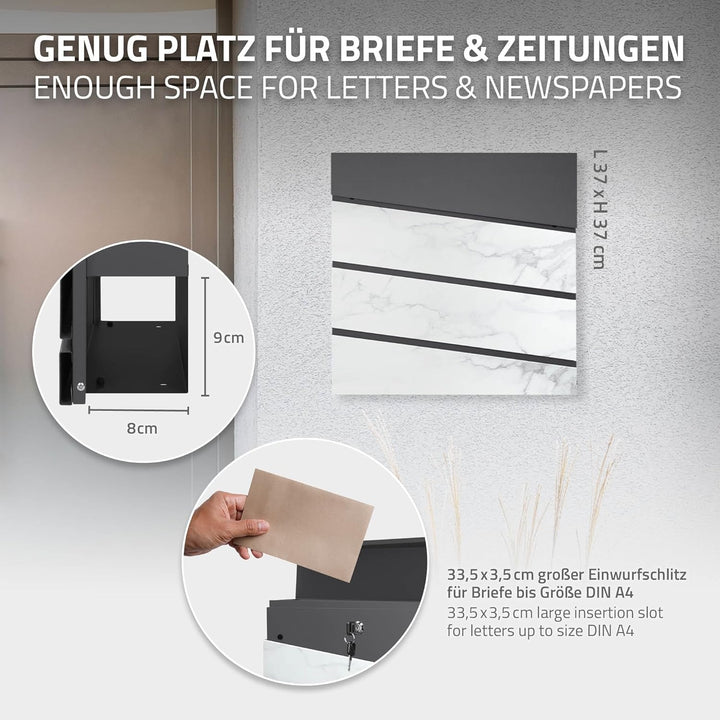 ML-Design Briefkasten 37x37x11 cm Anthrazit/Weiss-Marmoroptik, Stahl, Postkasten mit Zeitungsfach, A