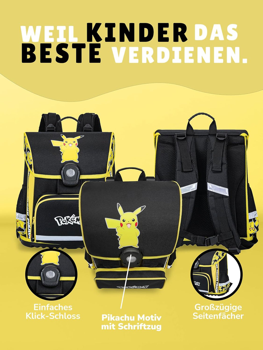 Familando - Schulranzen Set 6-teilig mit Sporttasche - Pokémon mit Pikachu Motiv - Ergonomisch, stab