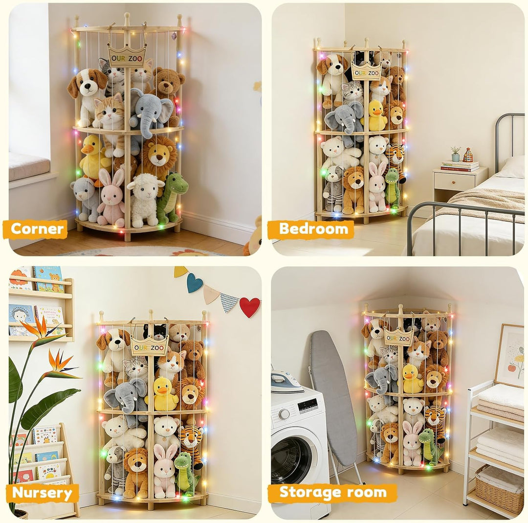 Eck Kuscheltier Aufbewahrung 2-stöckig aus Massivholz mit LED-Licht, 96×44×44cm Plüschtier Organizer