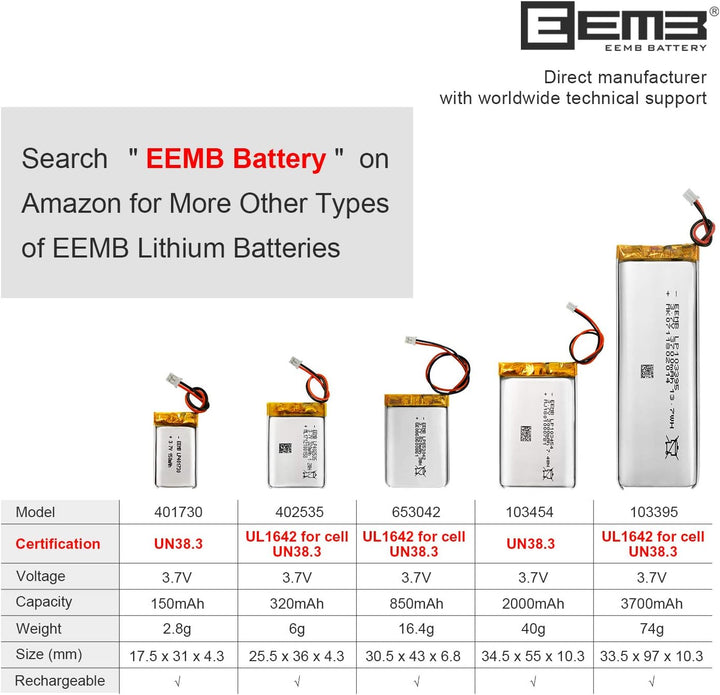 10 Stück EEMB 3.7V 3700mAh Lipo-Akku 103395 Wiederaufladbarer Li-Polymer-Akku mit JST-Anschluss.Stel