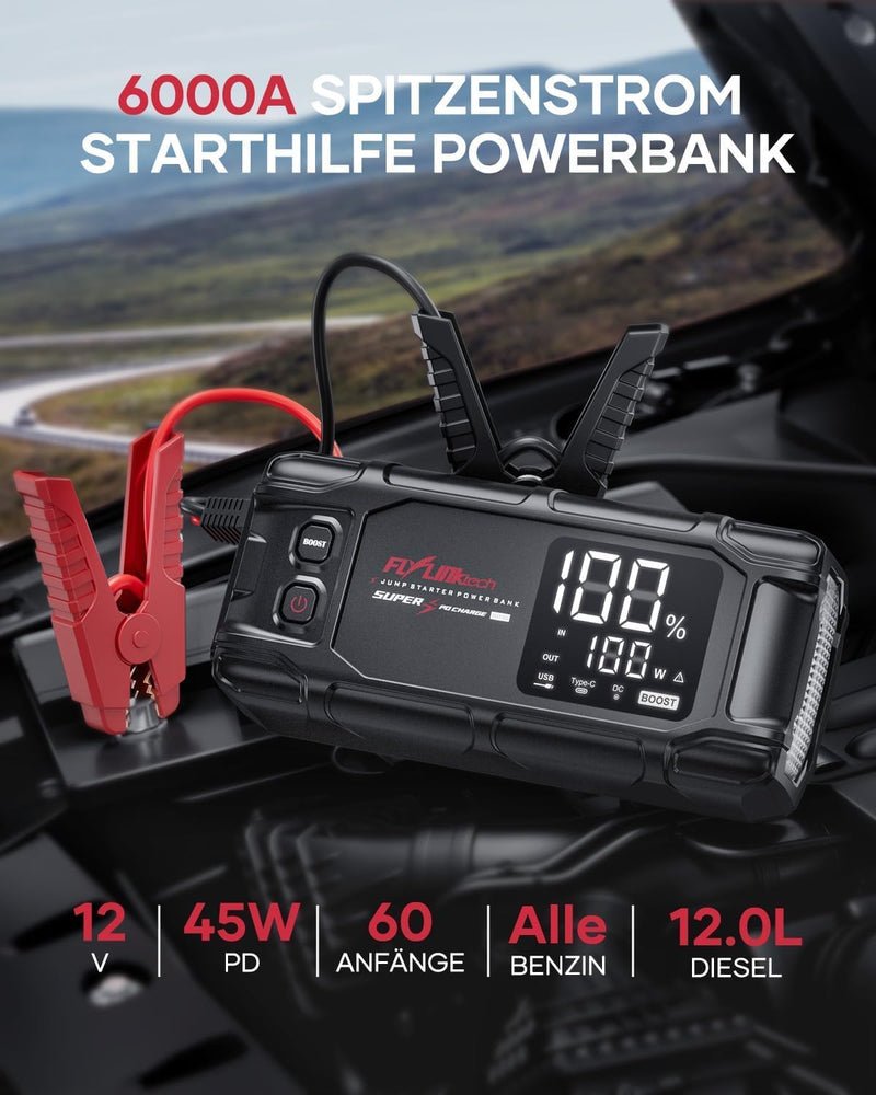 FLYLINKTECH Starthilfe Powerbank, 6000A Spitzstrom 26800mAh Tragbare Auto 12V mit LCD Bildschirm für