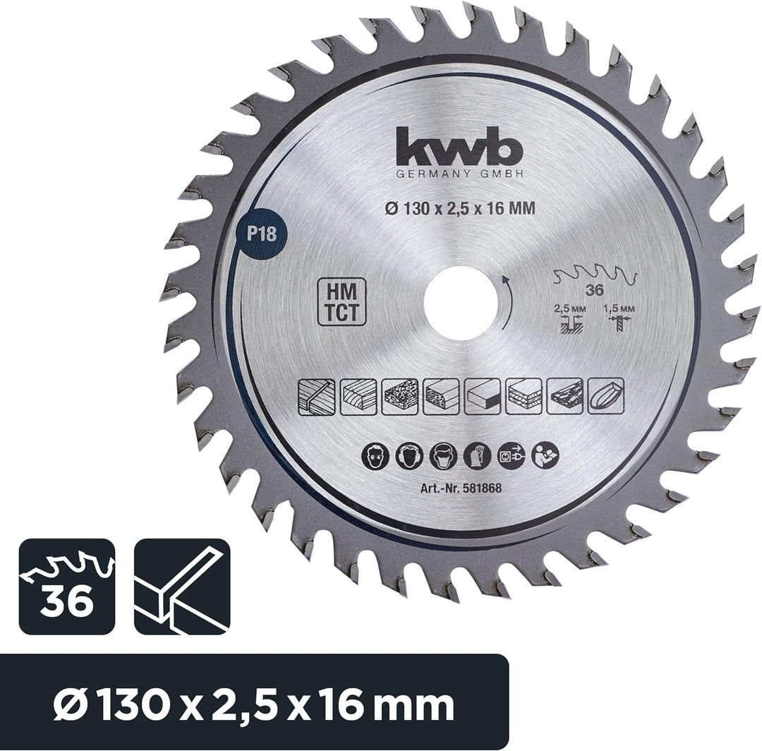 kwb Kreissägeblatt 130 x 16 mm, sehr feiner Schnitt, Sägeblatt geeignet für Arbeitsplatten, Holz und