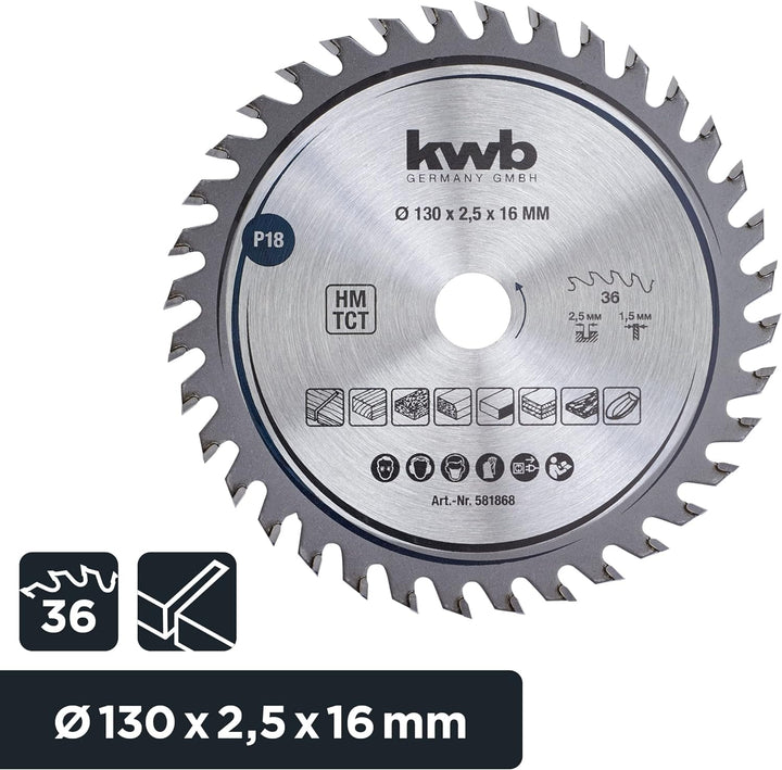 kwb Kreissägeblatt 130 x 16 mm, sehr feiner Schnitt, Sägeblatt geeignet für Arbeitsplatten, Holz und