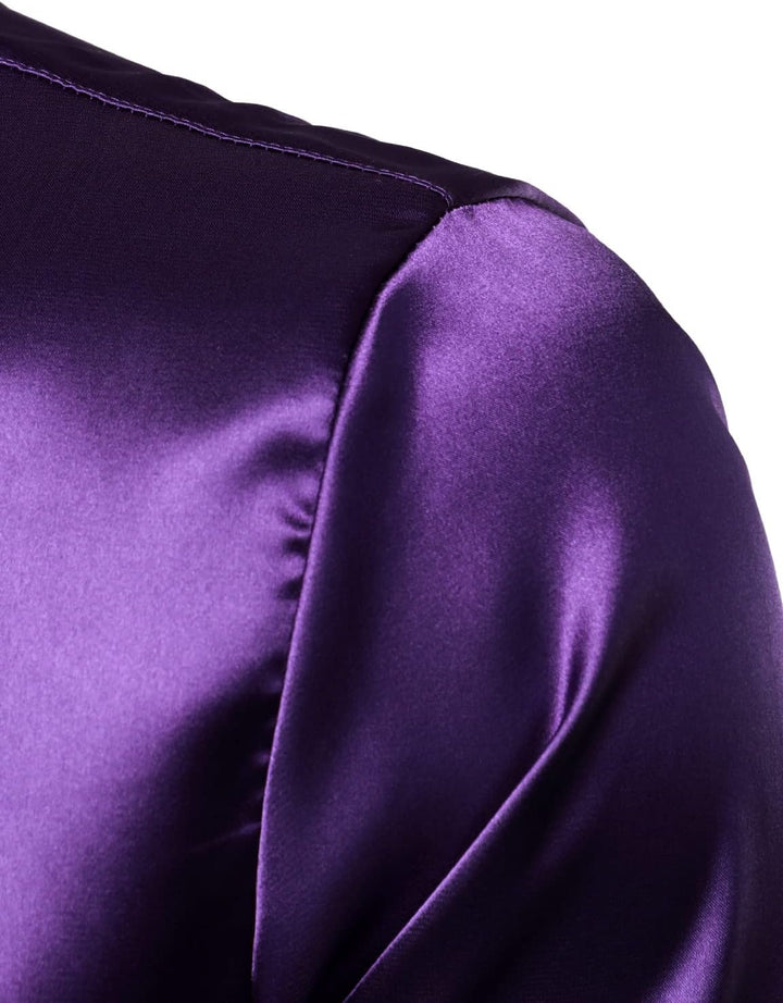 Herren Glänzend Slim Fit Satin Langarmhemd Frezeit Business Hemd für Party Nachtclub, Dunkelviolett