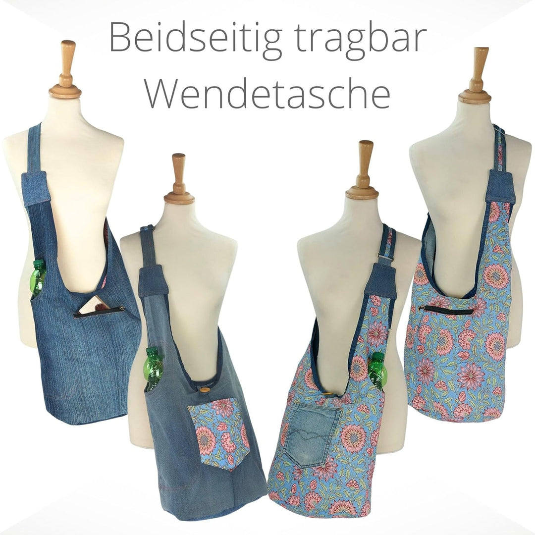 Sunsa Damen nachhaltige Hobo Tasche. Umhängetasche aus recycelte Jeans & Baumwolle. Boho blumig Cros