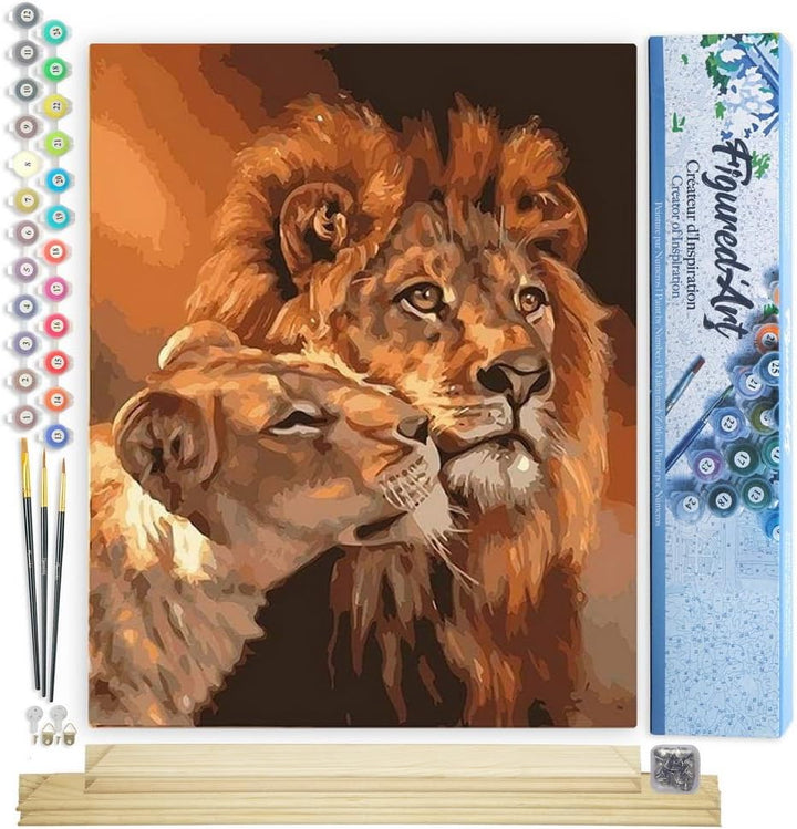 Figured'Art Malen Nach Zahlen Erwachsene Mit Rahmen Löwe und Löwin Paar - Paint by Numbers Basteln D