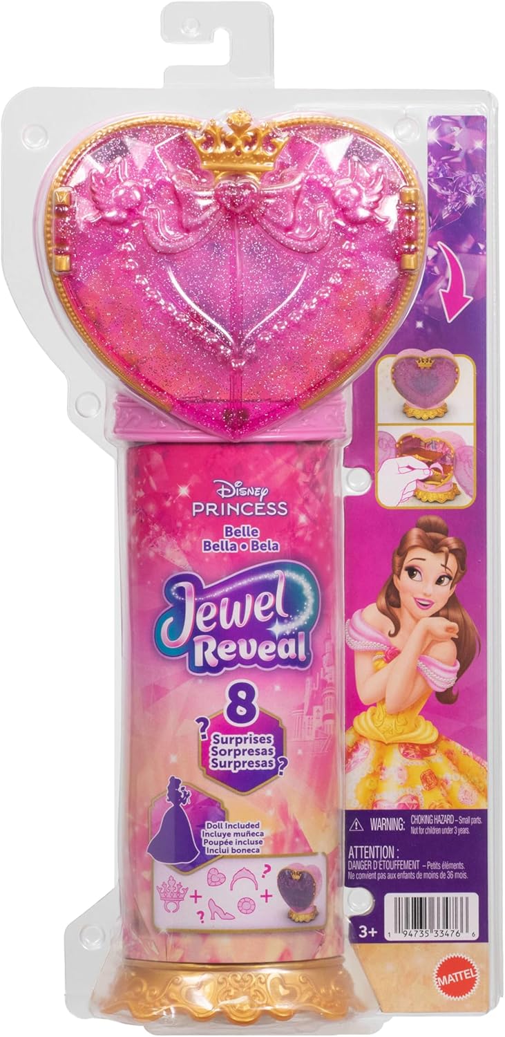 Mattel Disney Princess Belle Modepuppe und Zubehörteile mit 8 Überraschungen, darunter herzförmige J