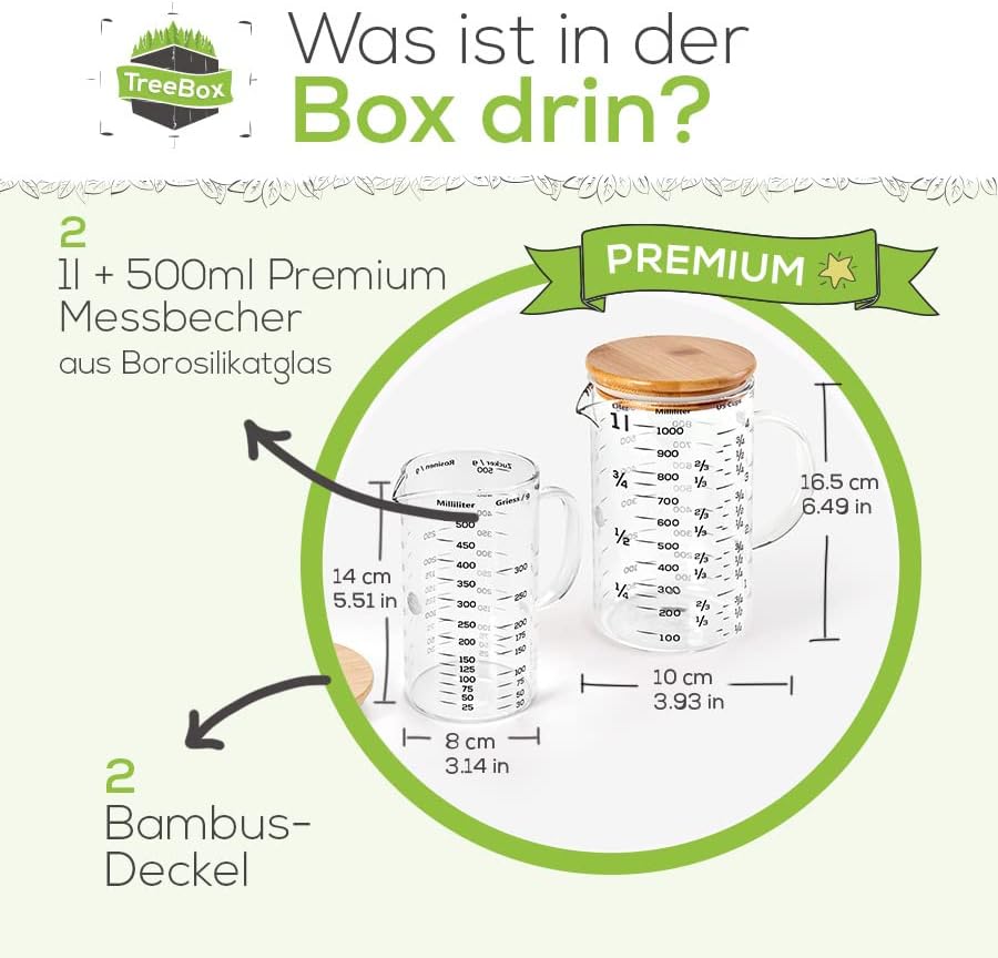 TreeBox Premium Messbecher glas - Messbecher 1l & 500ml - 2er Set - Robuste und hitzebeständige Mess