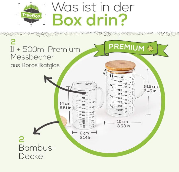 TreeBox Premium Messbecher glas - Messbecher 1l & 500ml - 2er Set - Robuste und hitzebeständige Mess