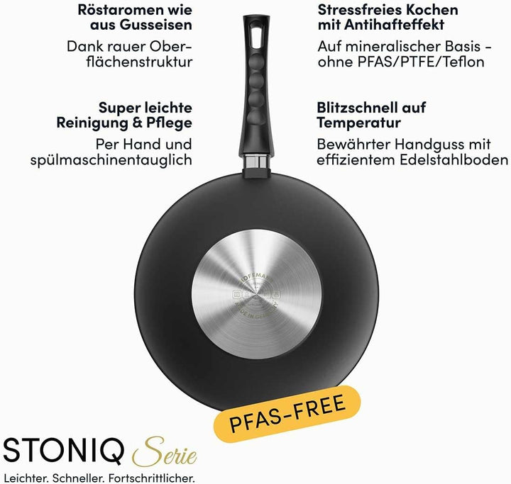 Hoffmann STONIQ Wokpfanne Ø 30 cm – PFAS-frei, Aluguss Wok mit abnehmbarem Stiel, IQ-SHIELD Antihaft