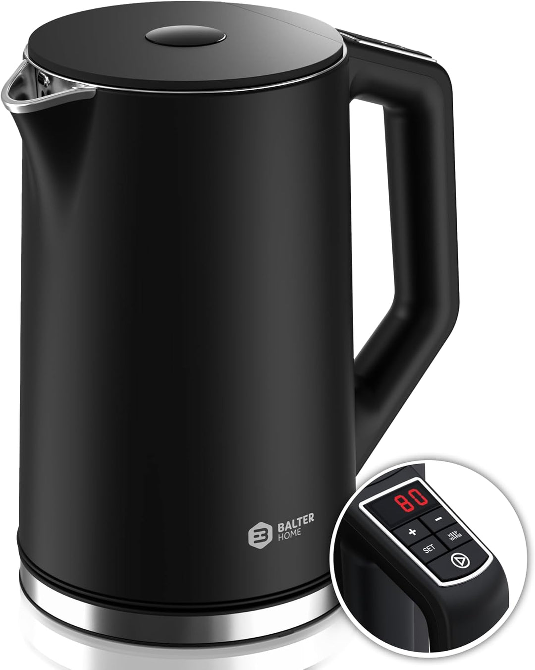 BALTER Edelstahl Wasserkocher mit Temperatureinstellung, 40°C-100°C, Doppelwand, BPA frei, leise & k