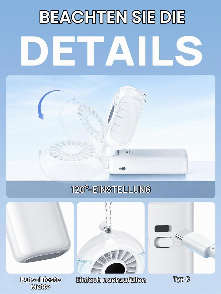 Handventilator Akku Aufladbar mit Wasserkühlung - Tragbarer Mini Ventilator | 100 Stufen 6000mAh Akk