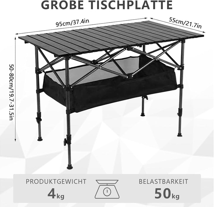 Campingtisch Klappbar, Klapptisch Höhenverstellbar 50-80cm, Camping Tisch Faltbar mit Netztasche &amp; T