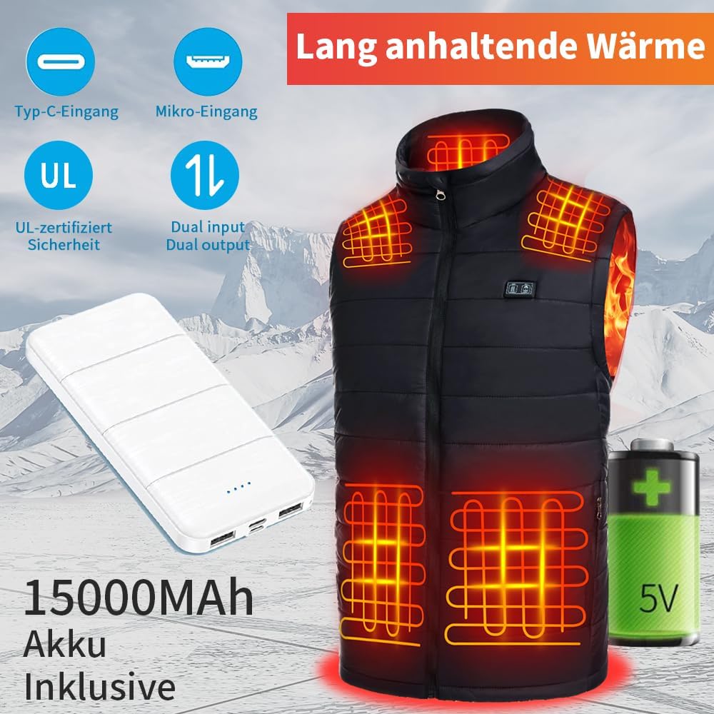 Seenew Beheizbare Weste, beheizbare weste herren mit 15000mAh akku, heizweste mit 13 Heizzone, 3 Ein
