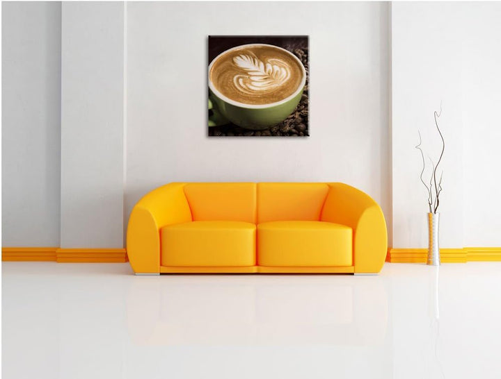 Pixxprint Cappucino zwischen Kaffeebohnen / 70x70cm Leinwandbild bespannt auf Holzrahmen/Wandbild Ku