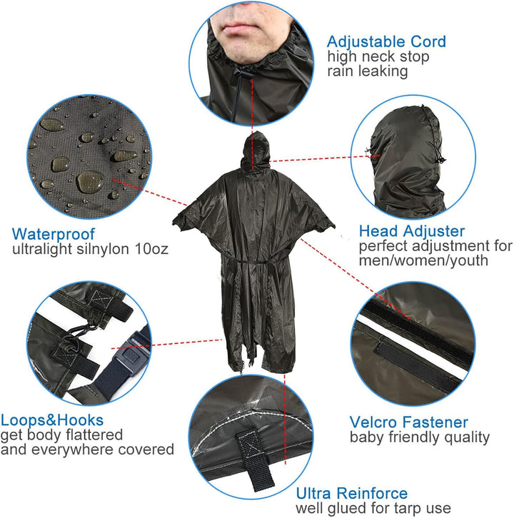 onewind Rucksack Regen Poncho Ultraleichte Kapuze Regenmantel L Olive Grün-270cm*170cm, L Olive Grün