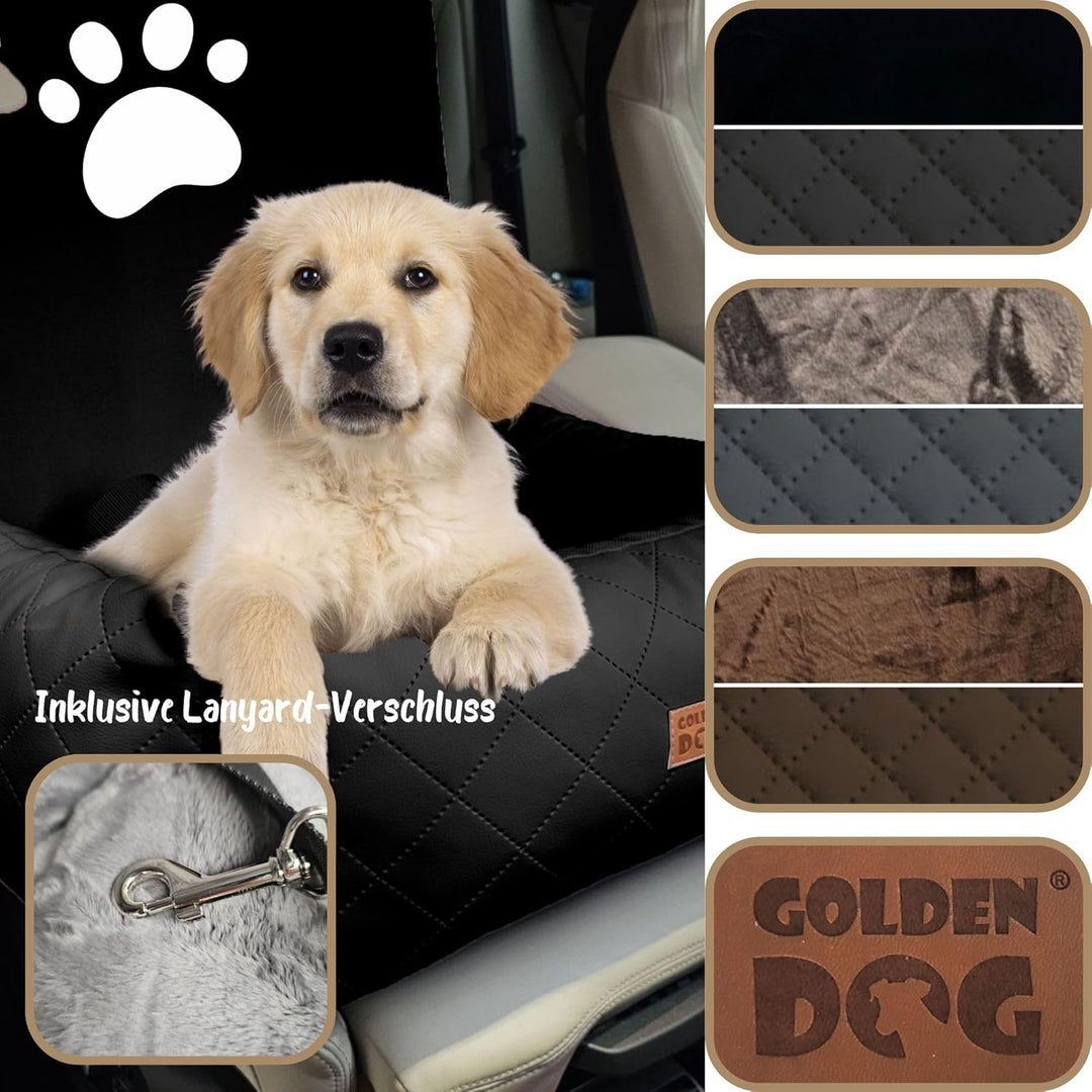 Golden Dog -Transportbox Hund mit Sicherheitsgurt L 83 x 66 cm Leder Imitation Autositz Hund, Wasser
