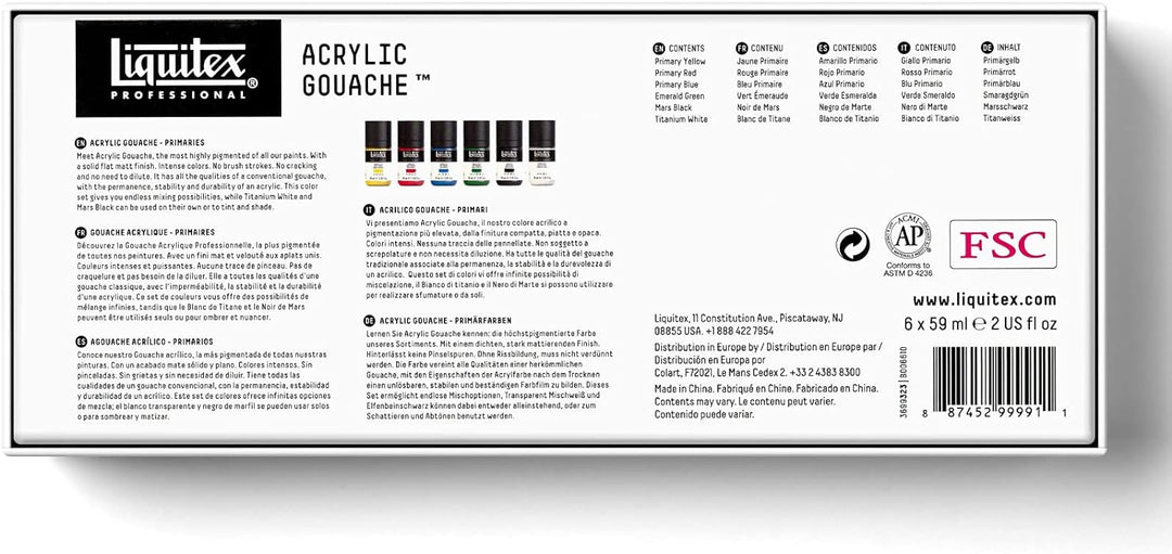 Liquitex 3699323 Proffessional Acrylic Gouache, Primärfarben, Set 6 Flaschen a 59ml 59 ml (6er Pack)