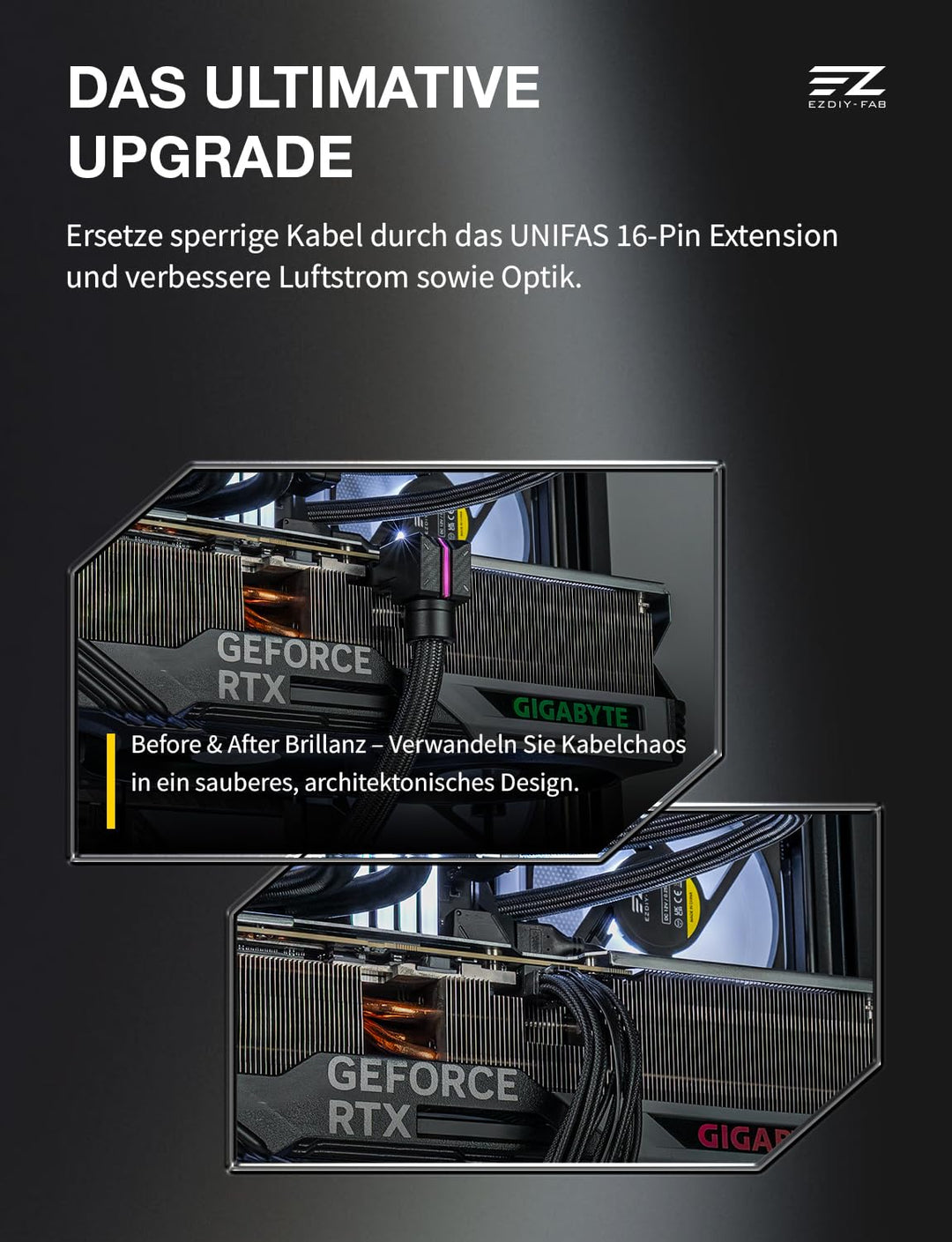EZDIY-FAB UNIFAS ARGB 16-Pin 12VHPWR GPU-Verlängerungskabel für RTX 40/50 Serie, 16AWG 90° Winkel 12