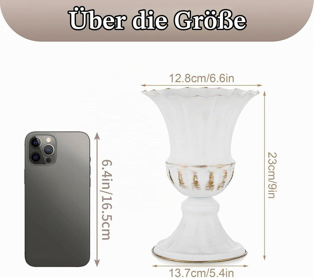 Sziqiqi Vase Weiss Metal für Hochzeit: 23cm Hoch Kleine Urne Vasen für Tischdeko - Blumentopf Golden