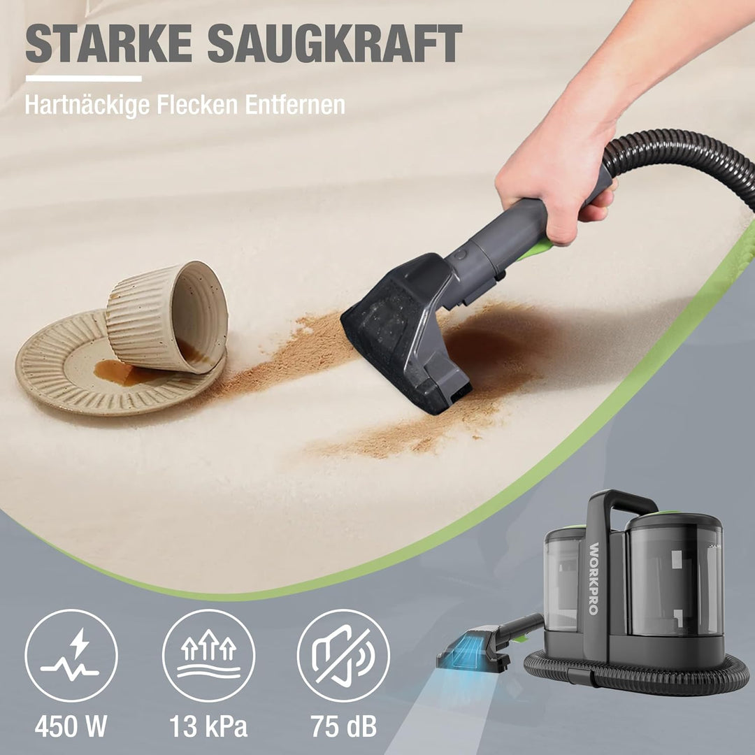 WORKPRO Waschsauger 450W 13kPa, Teppichreiniger 1,6L mit Reinigungsmittel und 2 Bürstenköpfe, Polste