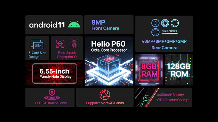 Ulefone Android 11 Smartphone ohne Vertrag, Note 11P 4G Handy, Helio P60 Octa-Core 8GB+128GB, Dual-S