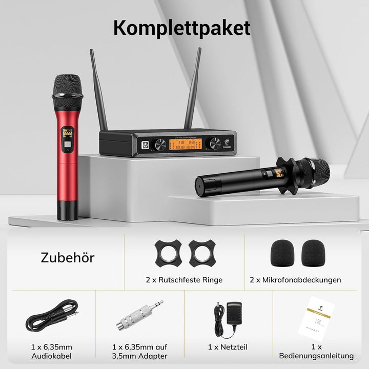 TONOR Wireless Funkmikrofon UHF Professionelles dynamisches drahtloses Dual Mikrofon, Handmikrofonsy