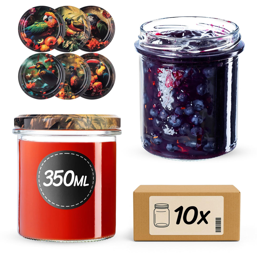 KADAX 10er Set Marmeladengläser 350ml TO82 Exotische Vögel, Einmachgläser Vorratsgläser Mason Jar mi
