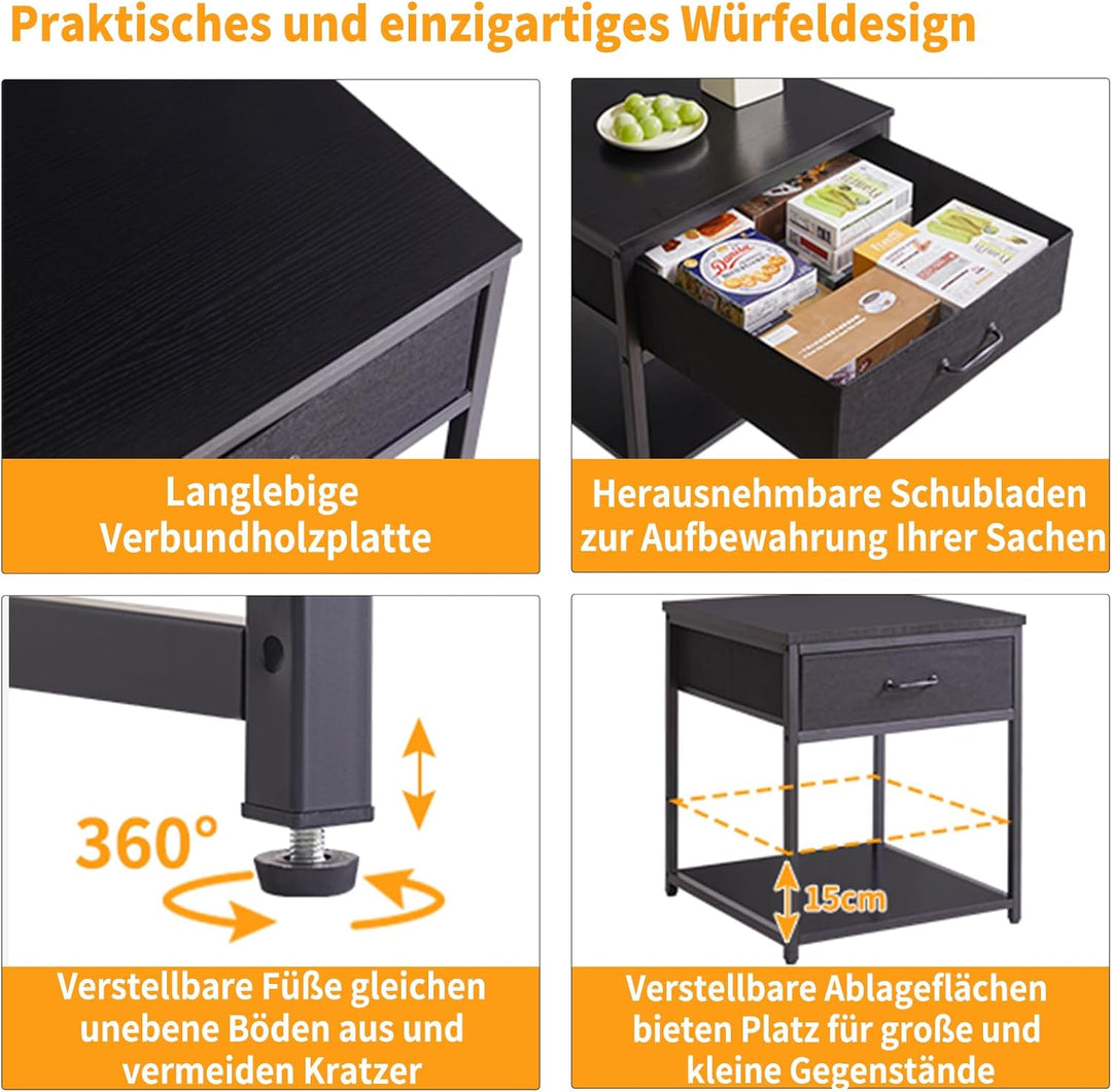Grosser Beistelltisch mit Stoffschublade, verstellbares Ablagefach 50cm, quadratischer Teetisch, Küh