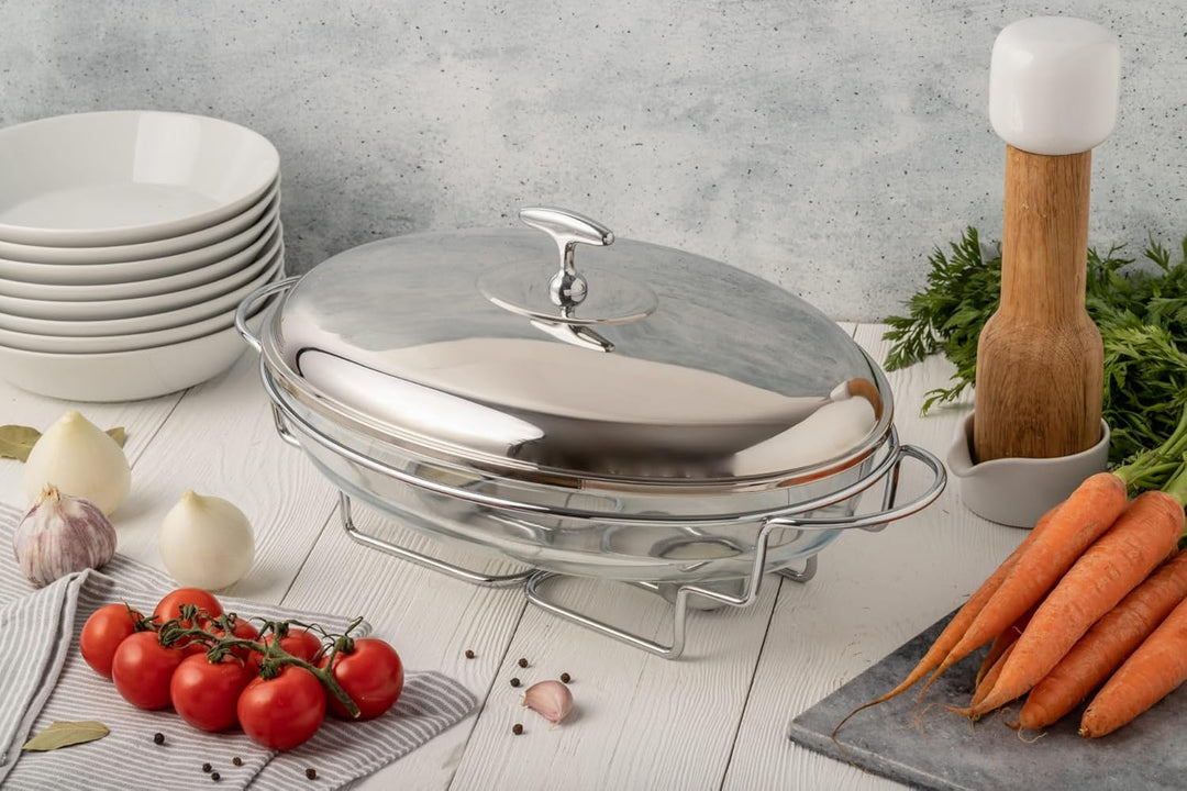 Stövchen Speisenwärmer Gehärtetes Glas Edelstahl Warmhaltebehälter Catering OVAL