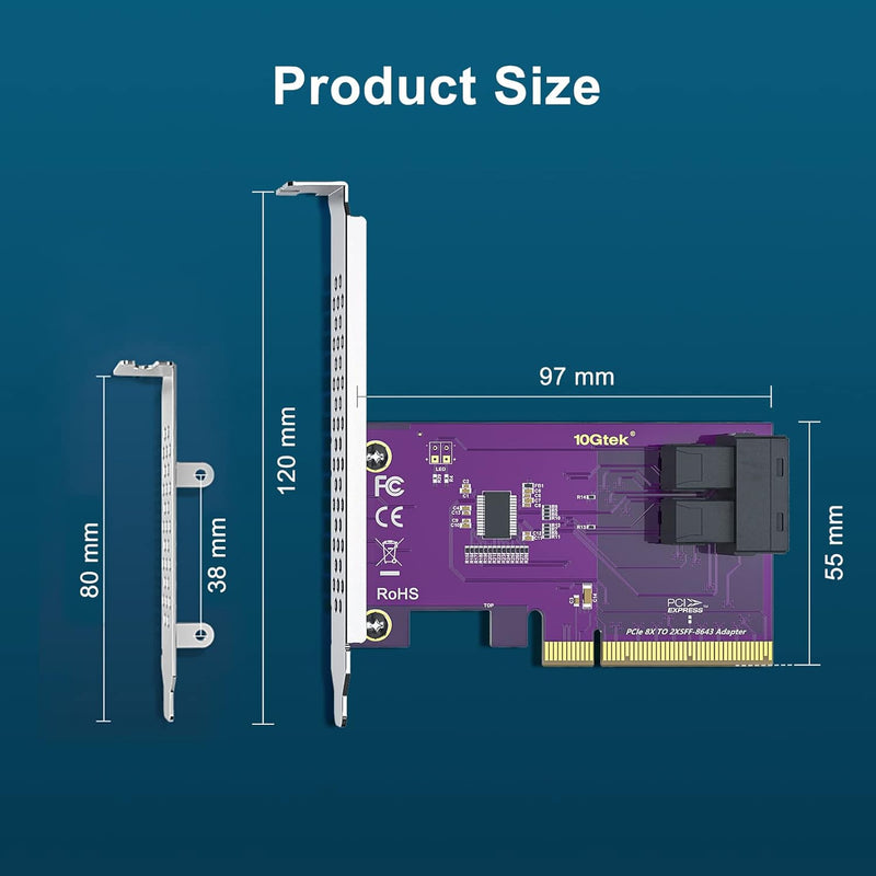 10Gtek® PCIe 3.0 X8 zu SFF-8643 Adapter für U.2 SSD, X8, (2) SFF-8643, mit Low-Profile Bracket, Supp