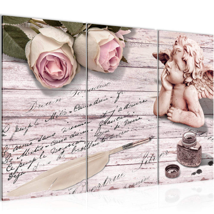 Runa Art Wandbilder Engel Blumen Bild XXL Wohnzimmer Schlafzimmer Rosa Grau Vintage 120 x 80 cm 3 Te