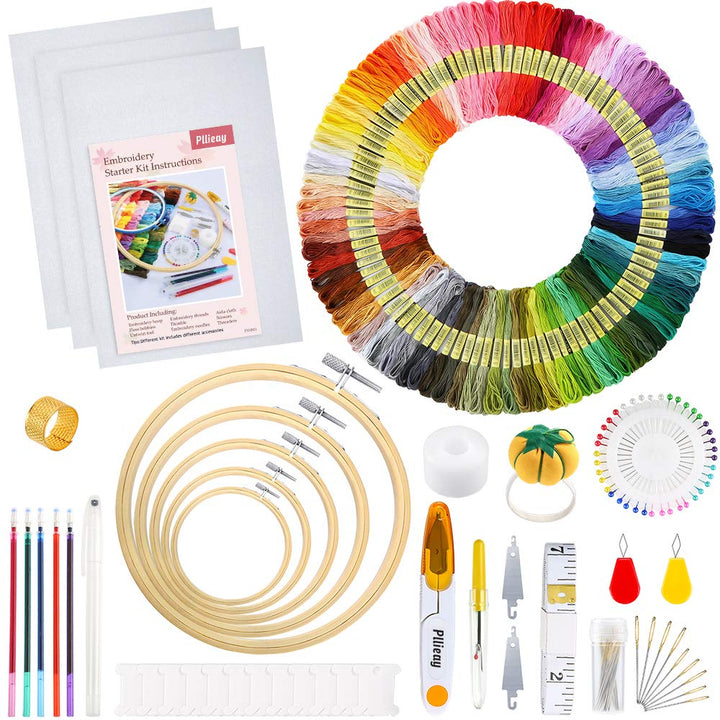 Pllieay Stickerei Set, Embroidery Kit mit Anleitung, 5 Bambus-Stickrollen, 100 Stickgarn, 3 Aida-Tüc