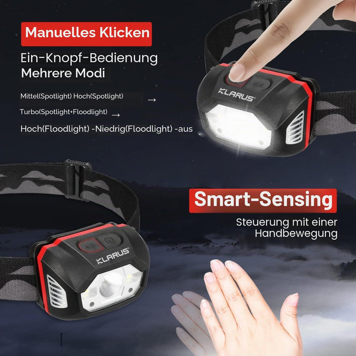 klarus HM1 440 Lumen wiederaufladbare Gestensensor Stirnlampe Kopflampe, 5 Modi 70 Stunden Laufzeit,