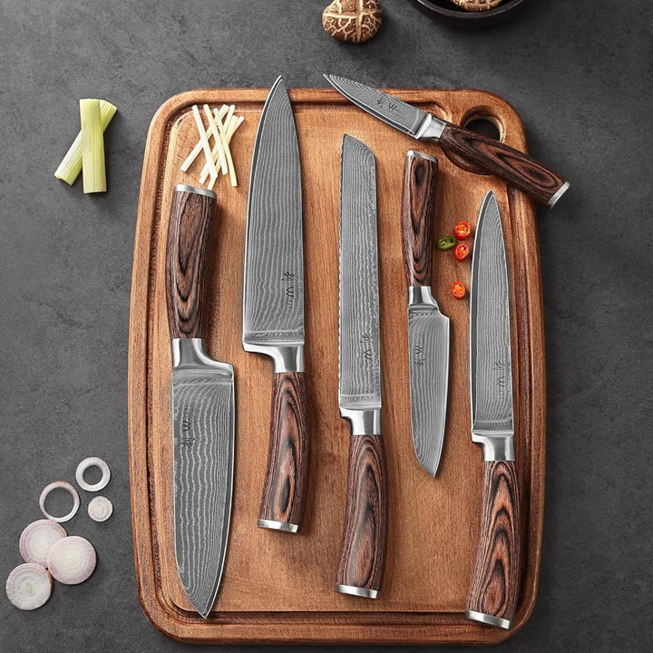 Wakoli Edib 6er Damastmesser Set mit Klingenlängen von 8,50cm bis 20,50cm extrem scharf aus 67 Lagen