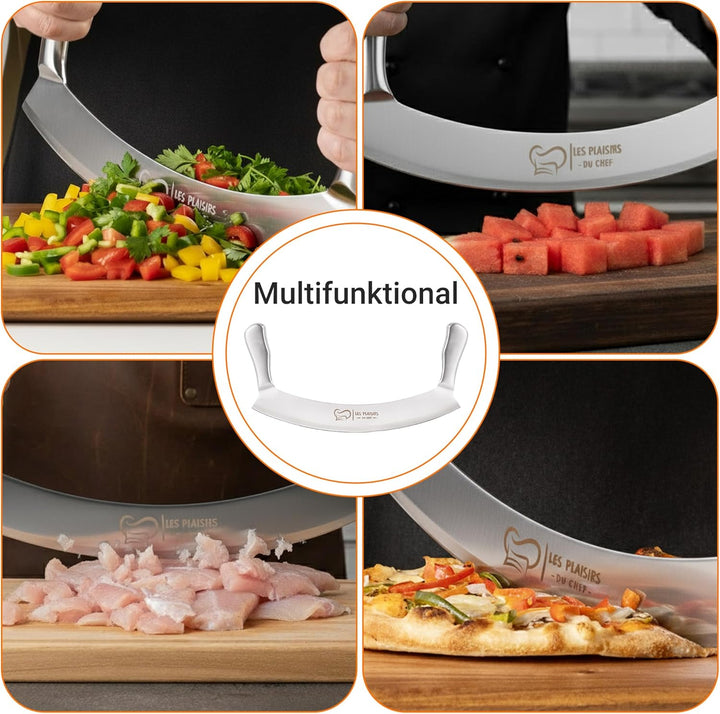 Extra scharfer Pizza Schneider/Pizzaschneider aus Edelstahl | Grosses Wiegemesser 30,5 cm mit Doppel