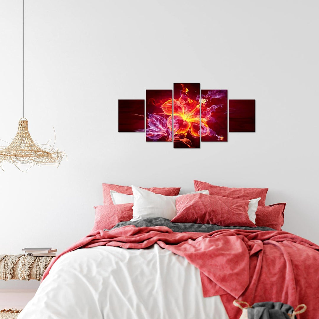 Runa Art Wandbilder Feuer Blume 5 Teilig Bild auf Vlies Leinwand Deko Wohnzimmer Abstrakt Orange Lil
