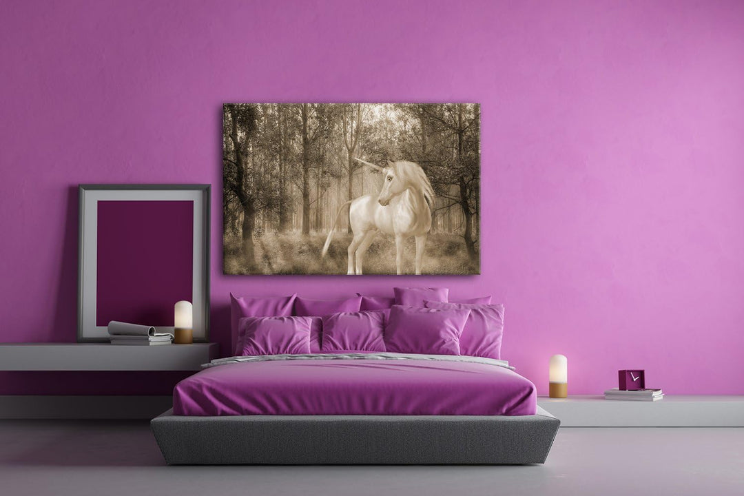 deyoli edles Einhorn im Wald Format: 80x60 Effekt: Sepia als Leinwand, Motiv fertig gerahmt auf Echt