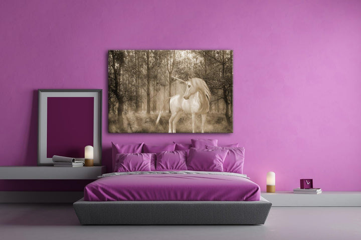 deyoli edles Einhorn im Wald Format: 80x60 Effekt: Sepia als Leinwand, Motiv fertig gerahmt auf Echt