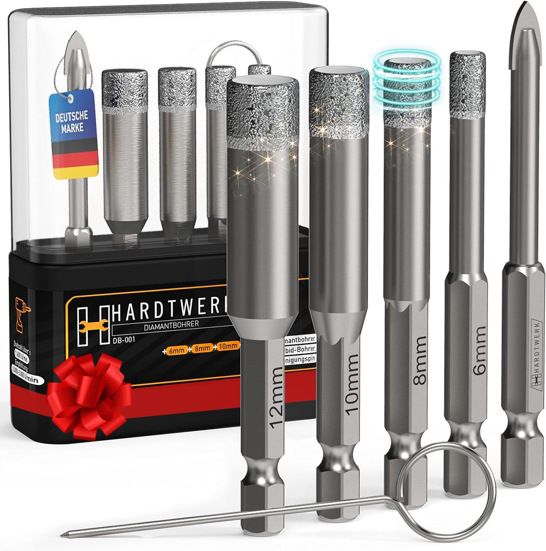 HARDTWERK Turbo Diamantbohrer 6-tlg. Fliesenbohrer Set [6, 8, 10, 12mm] mit 6mm Karbid-Anbohrer (ink