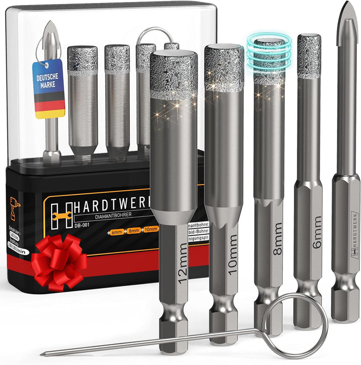 HARDTWERK Turbo Diamantbohrer 6-tlg. Fliesenbohrer Set [6, 8, 10, 12mm] mit 6mm Karbid-Anbohrer (ink