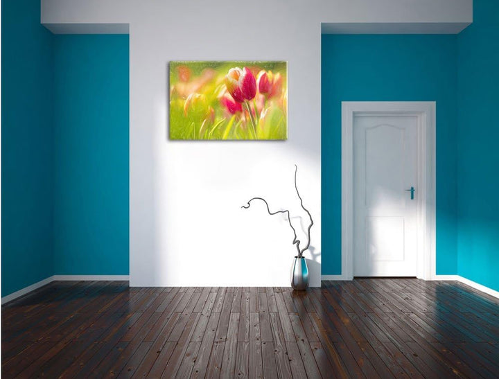 Pixxprint Blühende Tulpen als Leinwandbild/Grösse: 100x70 cm/Wandbild/Kunstdruck/fertig bespannt, 10