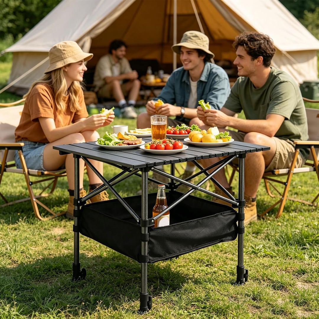Campingtisch Klappbar, Klapptisch Höhenverstellbar, 53x51cm Camping Falttisch mit Ablagenetz, Tasche